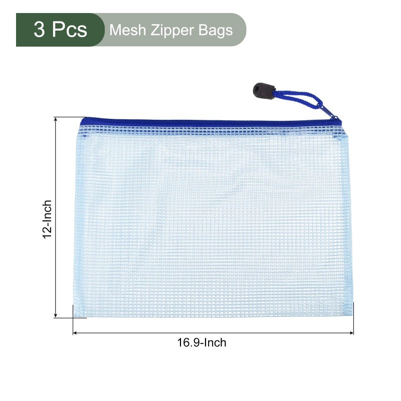 YOKIVE 3 Pack Mesh Zipper Bags, A3 Mesh File Pockets Plastic Document Pouch, Great for Office Appliances Travel Storage(Blue) - Image 2